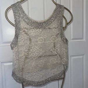 Haute Hippie bugle bead trimmed lace crop top